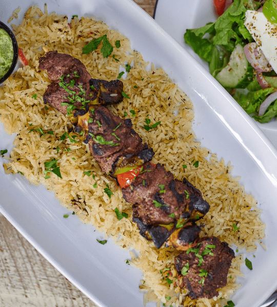 Acropolis Greek Taverna - Beef Kabob: Beef Kabob with Green Peppers, Onions and Tomatoes Served with Choice of Side and Zesto Sauce.