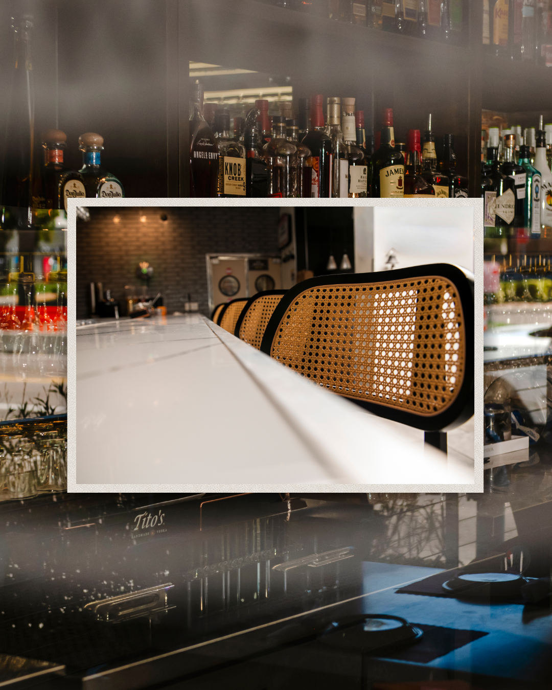 Acropolis Greek Taverna bar counter and cane stool showcasing authentic Greek dining experience.