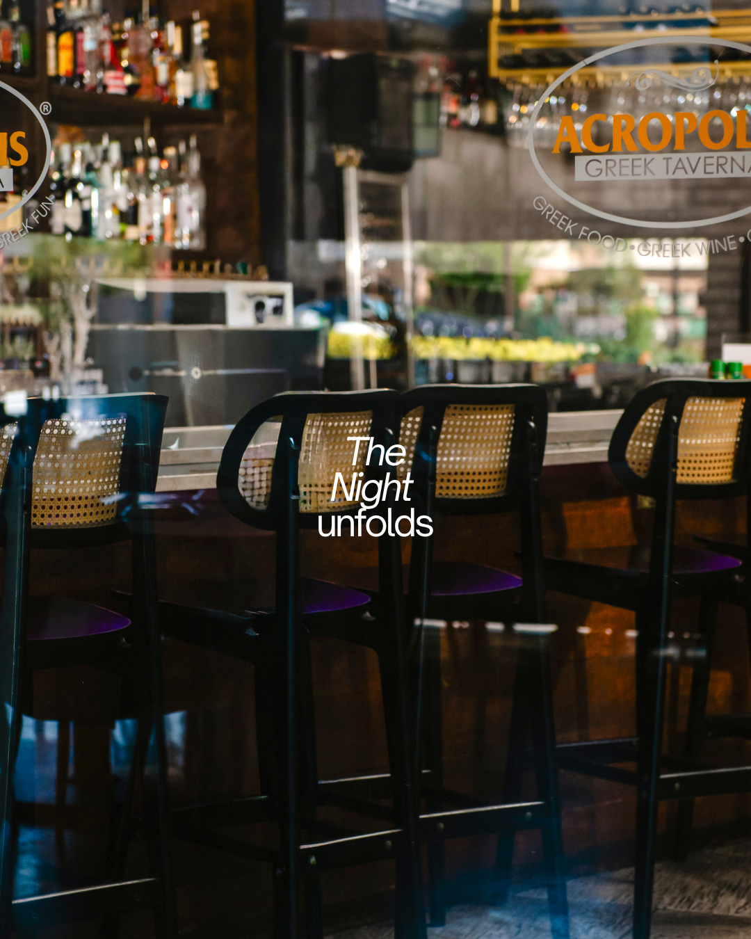 Bar stools at Acropolis Greek Taverna South Tampa at night, Greek restaurant on Kennedy Blvd