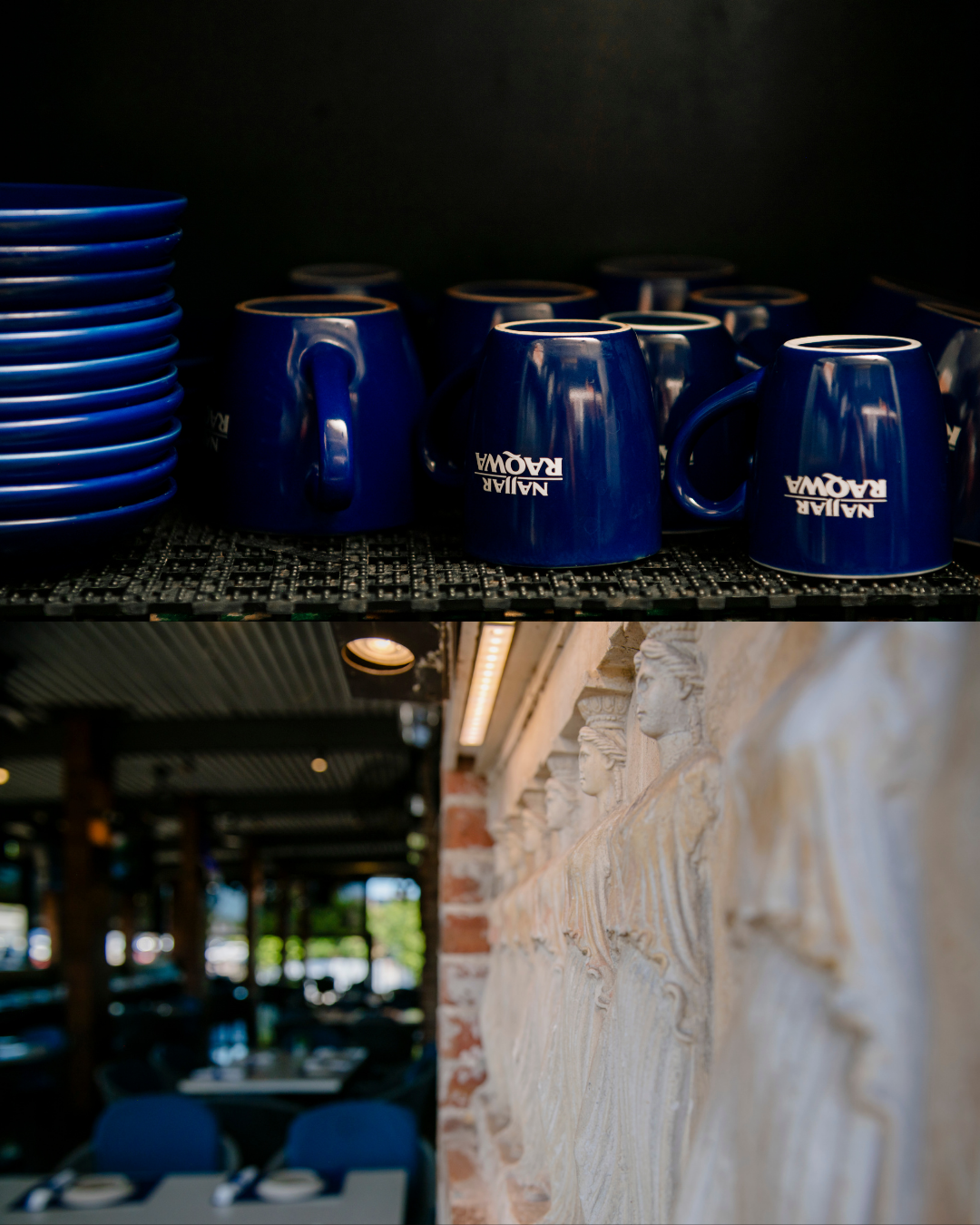 Greek blue mugs and Caryatid wall decor at Acropolis Greek Taverna South Tampa