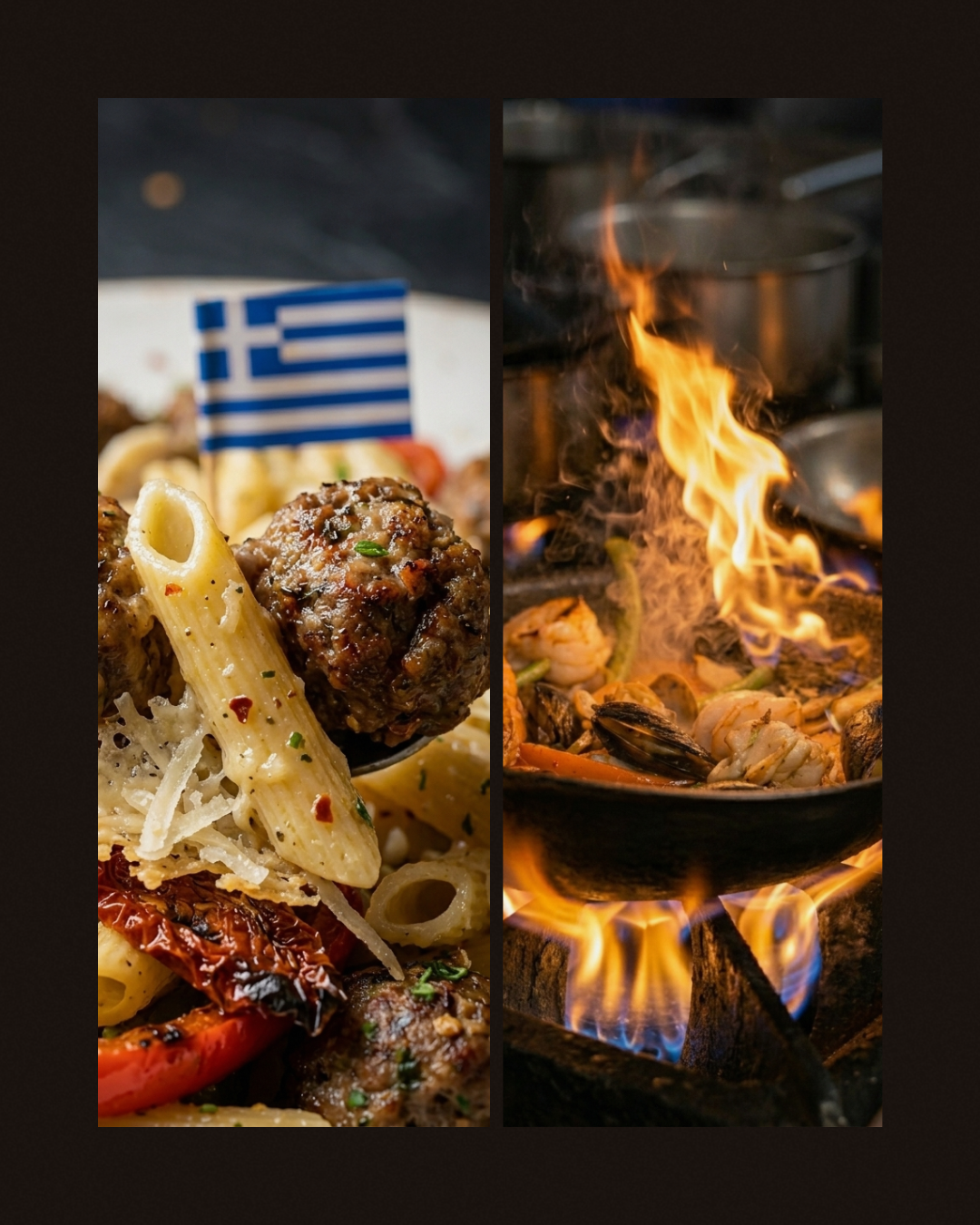 Acropolis Greek Taverna: Pasta with meatballs and flame-grilled dish, authentic Greek cuisine.