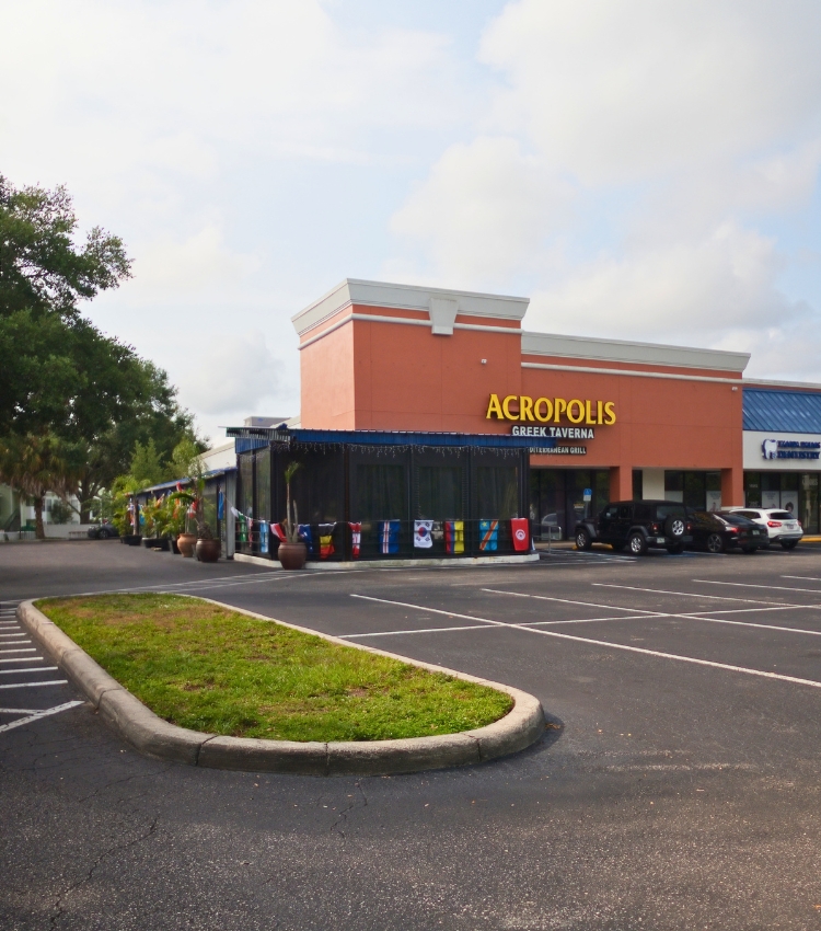 Acropolis Greek Taverna exterior in North Tampa, restaurant on Bruce B Downs Blvd.