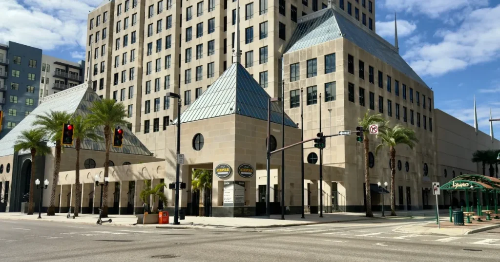 Exterior of Acropolis Greek Taverna's Downtown Orlando location at 390 N Orange Ave, near the LYMMO stop
