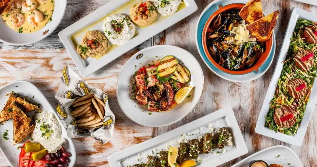Assorted Mediterranean dishes and appetizers at Acropolis Greek Taverna.