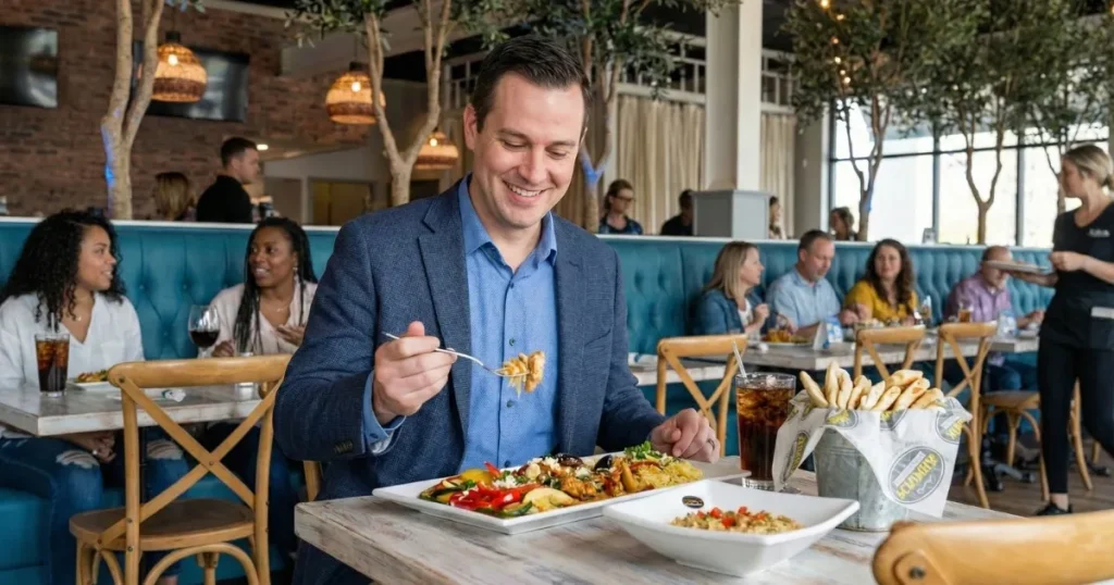 Guest enjoying the My Greek Trio at Acropolis Greek Taverna Orlando, featuring Chicken Rhodes entree, fresh hummus with pita, and a soft drink.
